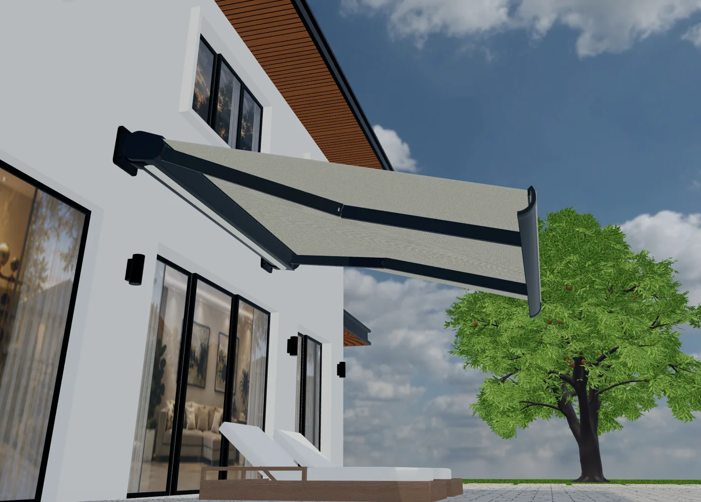 Tenda estesa con tessuto crema e bracci articolati scuri in una scena 3D su terrazza.