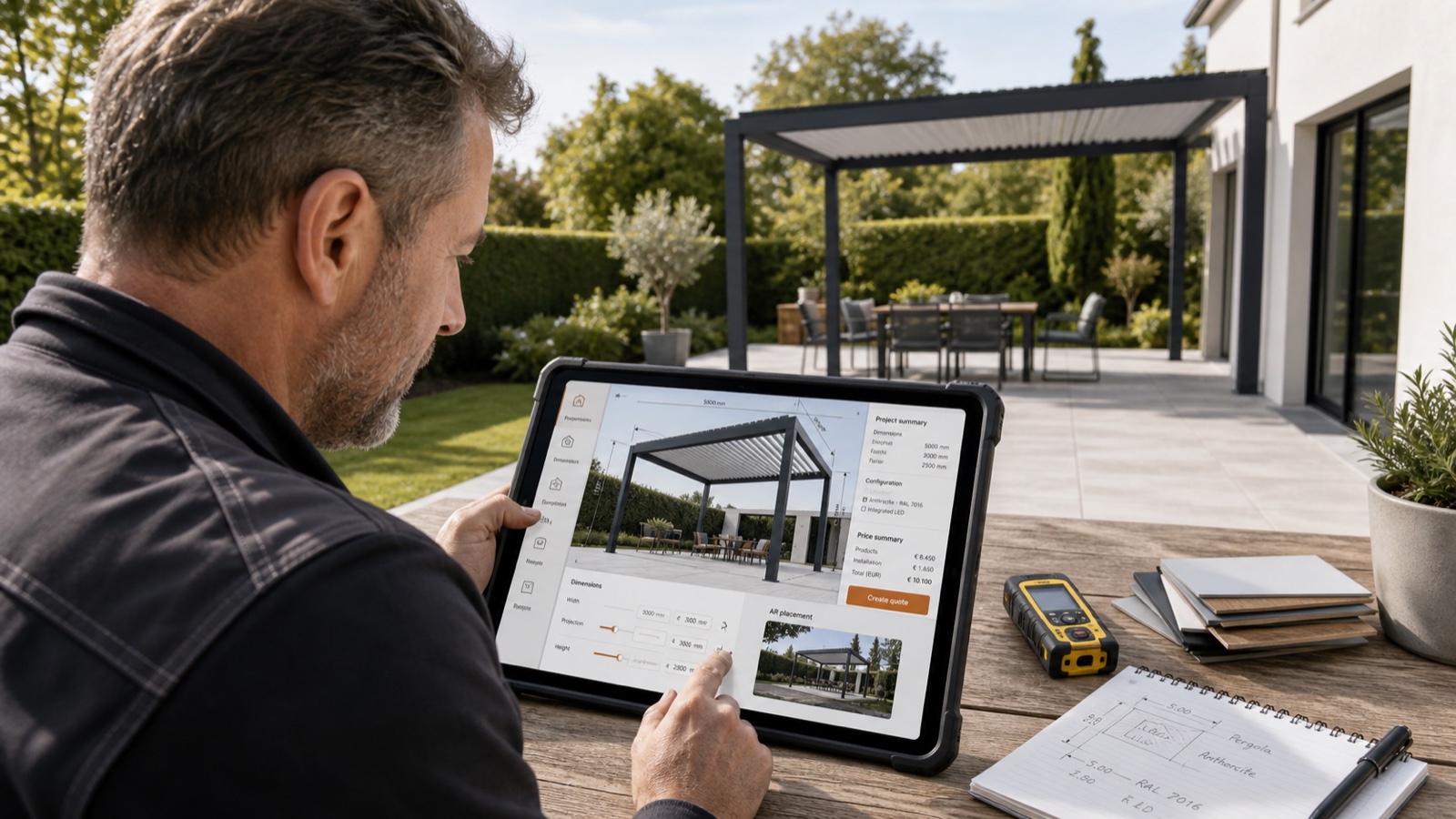 Installer using a pergola configurator with dimensions, AR placement, live pricing and quote controls