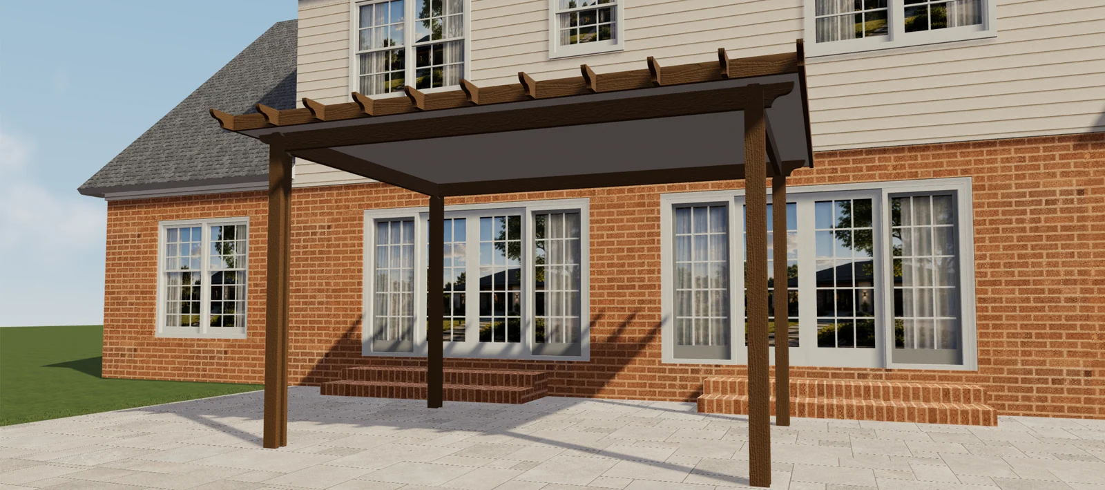 Anteprima 3D di una pergola marrone effetto legno con tetto pieno ed estremità decorative delle travi accanto a una casa in mattoni.