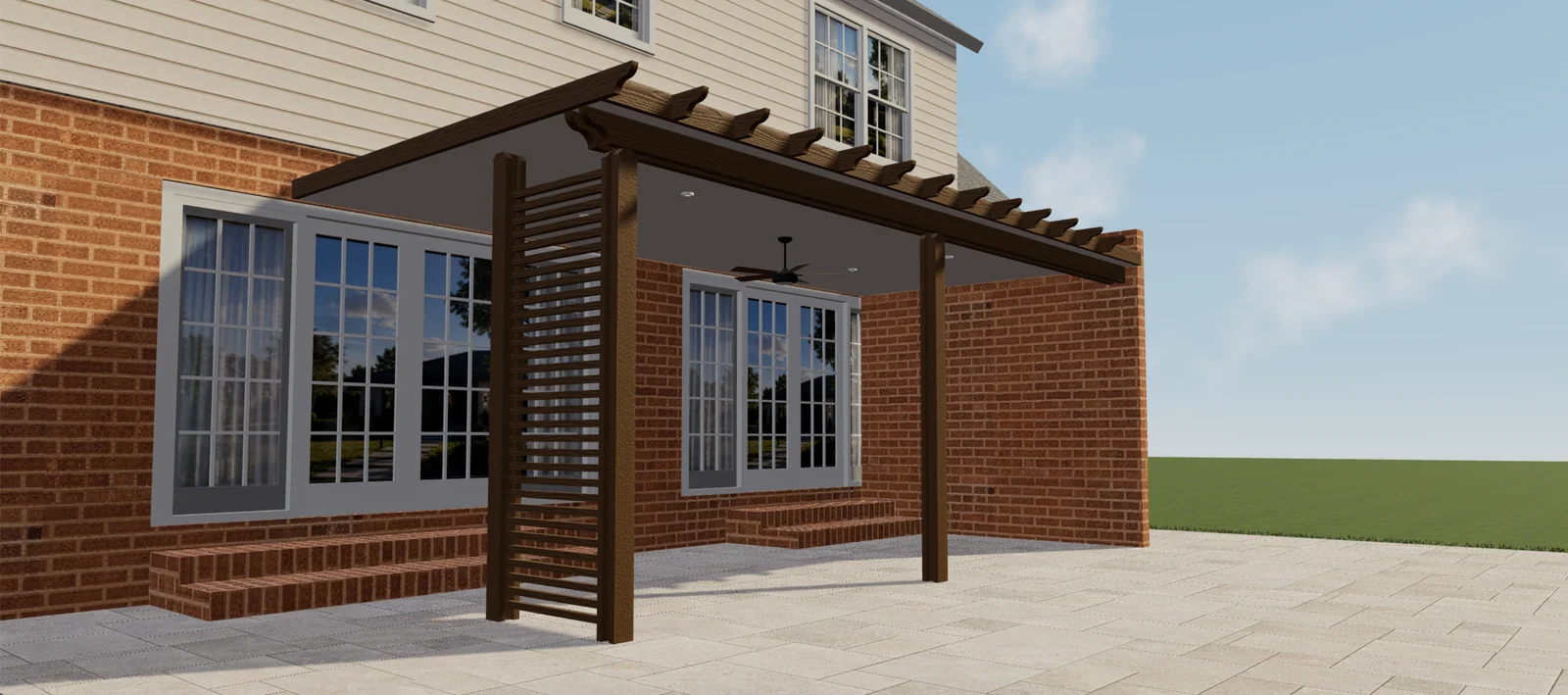 Anteprima 3D di una pergola marrone coperta con pannello laterale a listelli, ventilatore e faretti incassati.