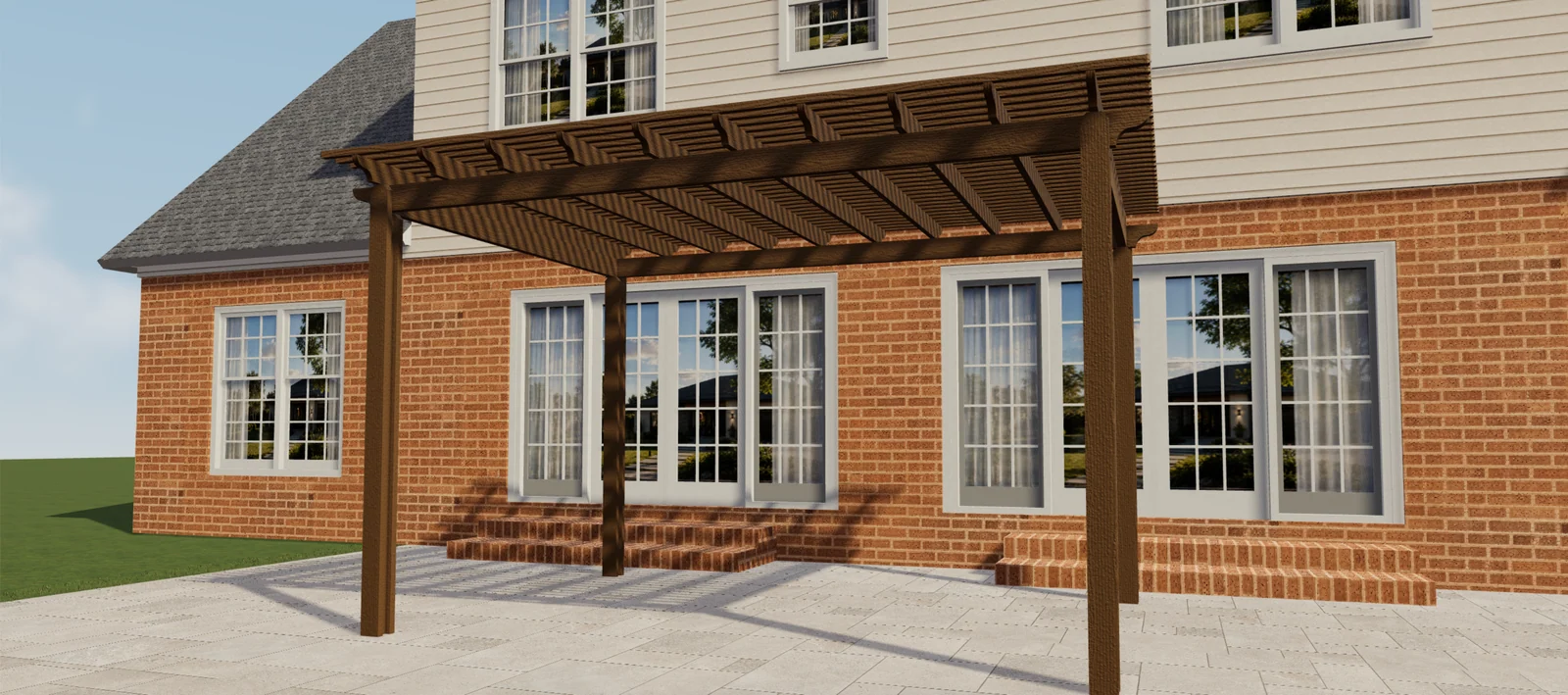 Vista frontale di una pergola marrone effetto legno con tetto a listelli aperti in una scena 3D del patio.
