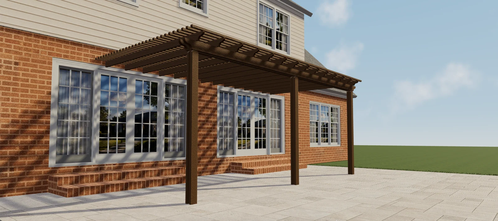 Vista laterale di una pergola marrone effetto legno con listelli aperti, pali ed estremità decorative delle travi.