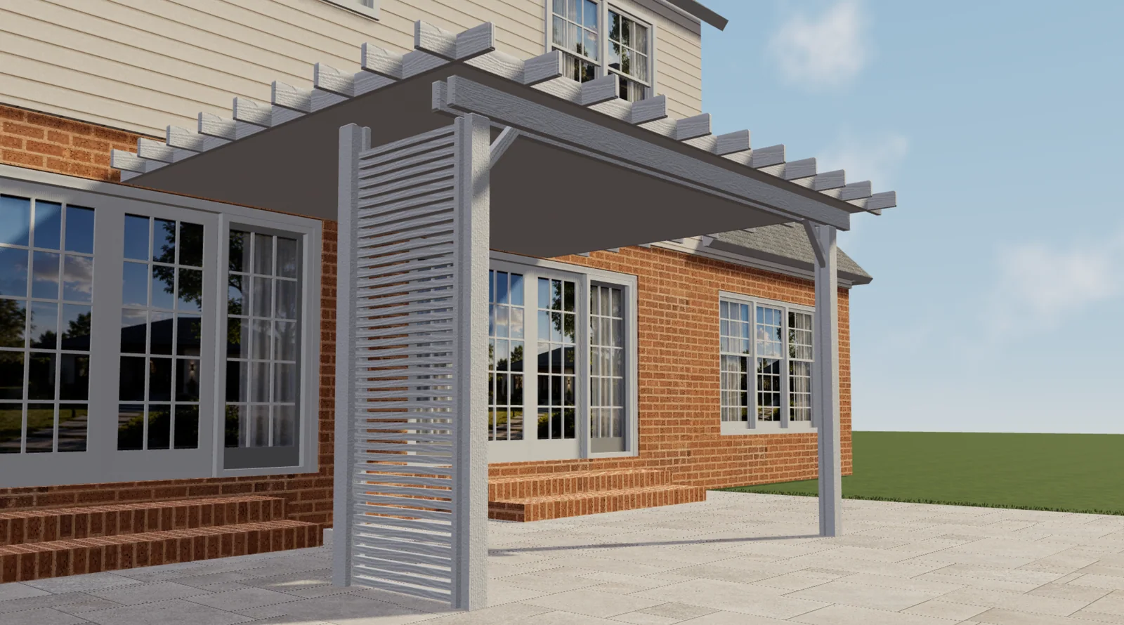 Anteprima 3D del configuratore Elite Aluminum: pergola bianca con tetto pieno, estremità decorative delle travi, supporti diagonali e pannello laterale a listelli accanto a una casa in mattoni.