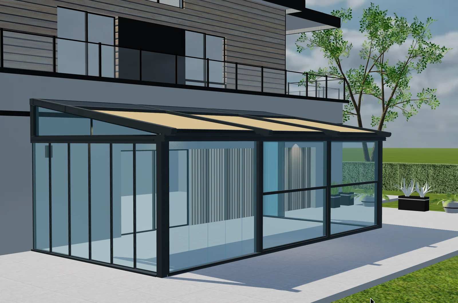 Anteprima 3D di una pergola vetrata con telaio inclinato, coperture crema e pareti in vetro con profili scuri.