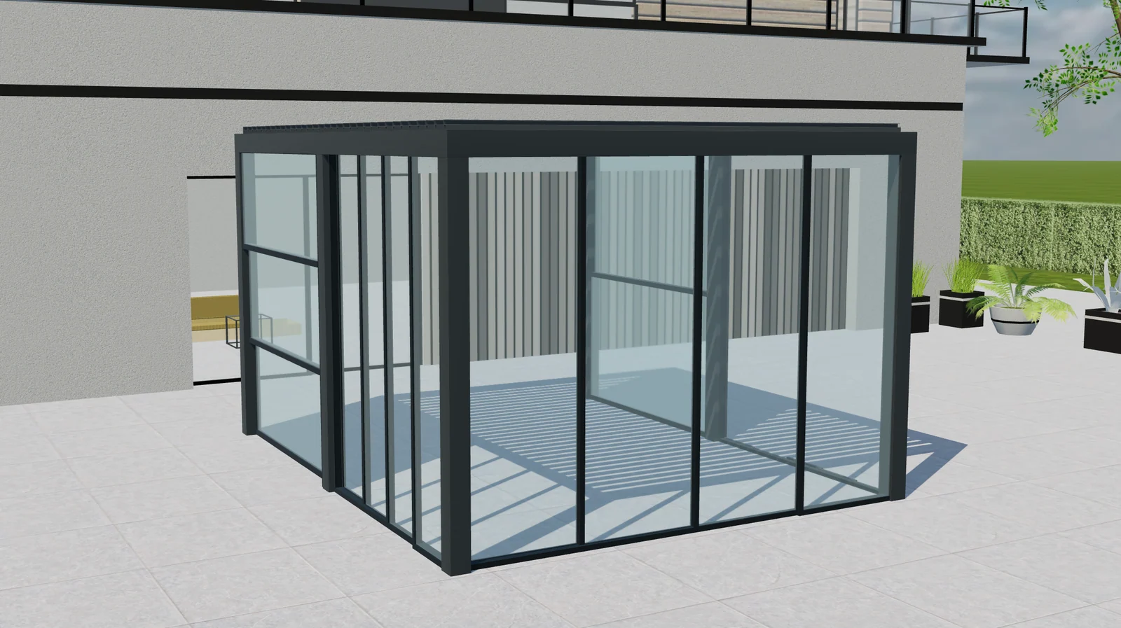 Anteprima 3D di una pergola Tenteks Italia con struttura scura, lamelle del tetto aperte e pannelli in vetro in diverse posizioni.