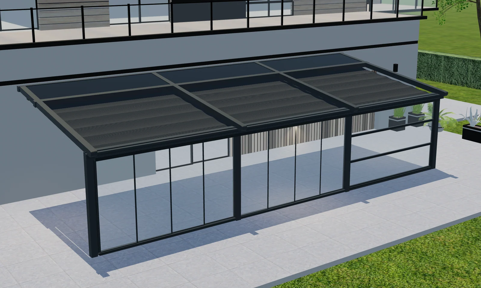 Anteprima 3D dall’alto di una pergola con telaio scuro, pannelli di copertura e fronte vetrato.