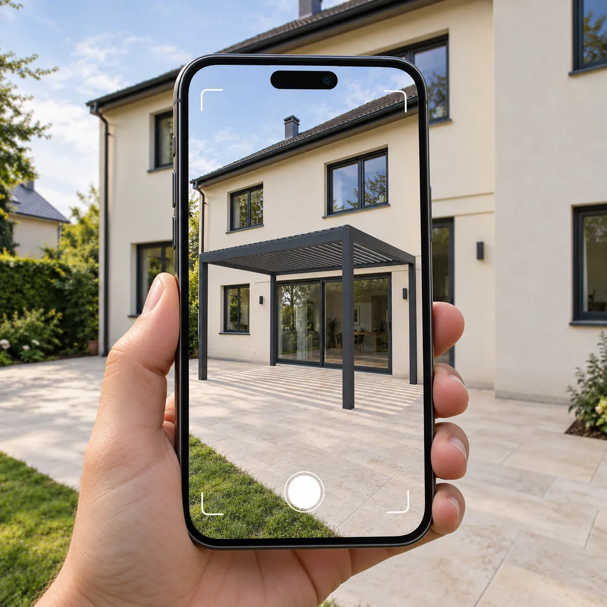Visualizzazione AR su uno smartphone: un modello di pergola a lamelle sulla terrazza, con la casa sullo sfondo.