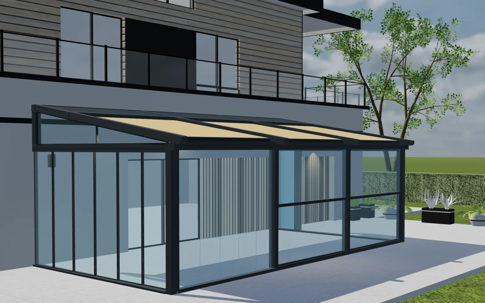 Configuratore 3D di pergole Configurix con una pergola vetrata addossata e una copertura in tessuto parzialmente estesa